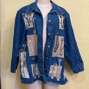 Artistic Blue Denim Jacket with Cat Motifs